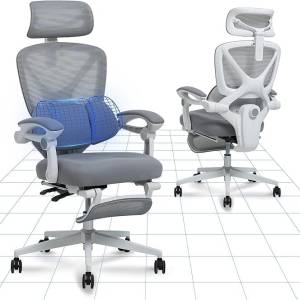FLEXISPOT Ergonomischer Bürostuhl, X-förmiger Schreibtischstuhl mit Fußstütze & 135° Neigung (Weiß-Grau)