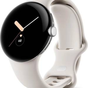 Google Pixel Watch 41 mm 4G – Polished Silver mit Sportarmband (Beige)